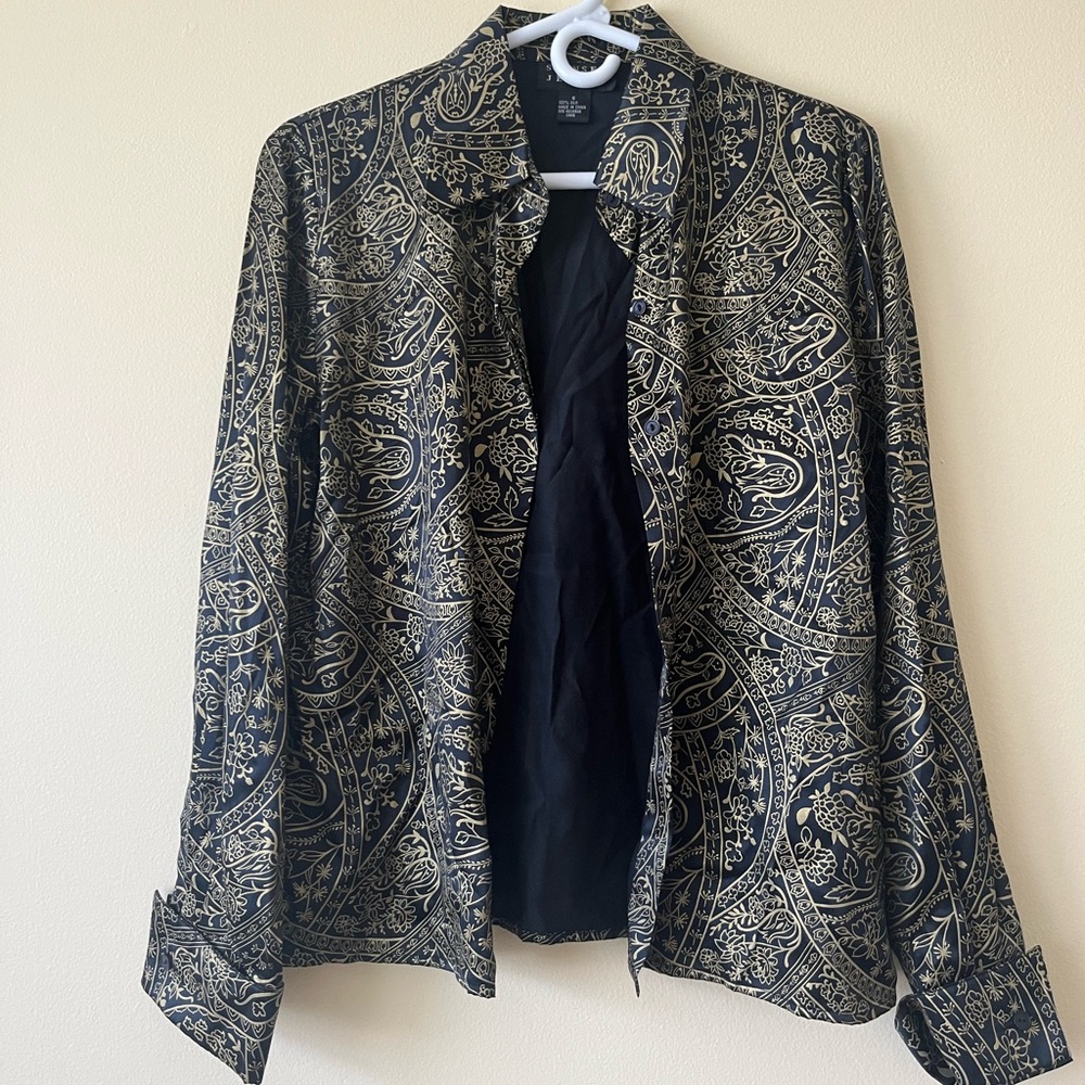 Spenser Jeremy Silk button up shirt art deco paisley floral black gold small